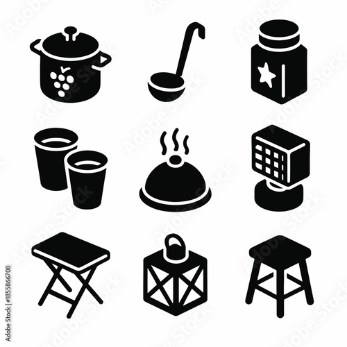 Collection of kitchen and household icons in black and white silhouettes
