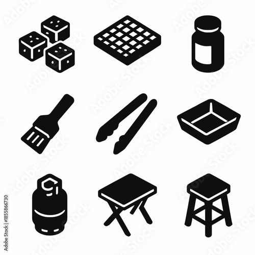 Barbecue icons: grill, spices, tools, propane, table, stool