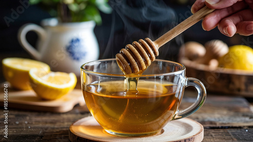 A spoon gently stirs honey into freshly brewed lemontea