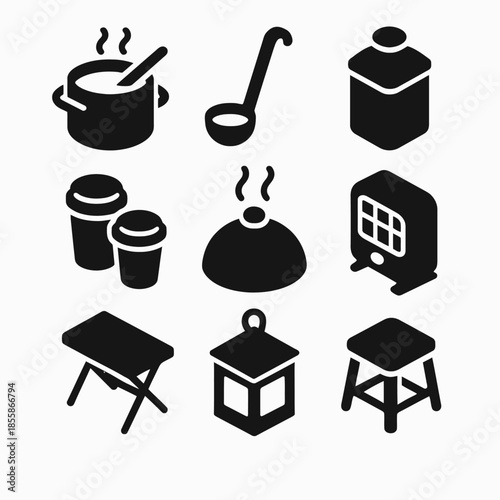 Set of black kitchen utensil icons including pot, ladle, and spice jar