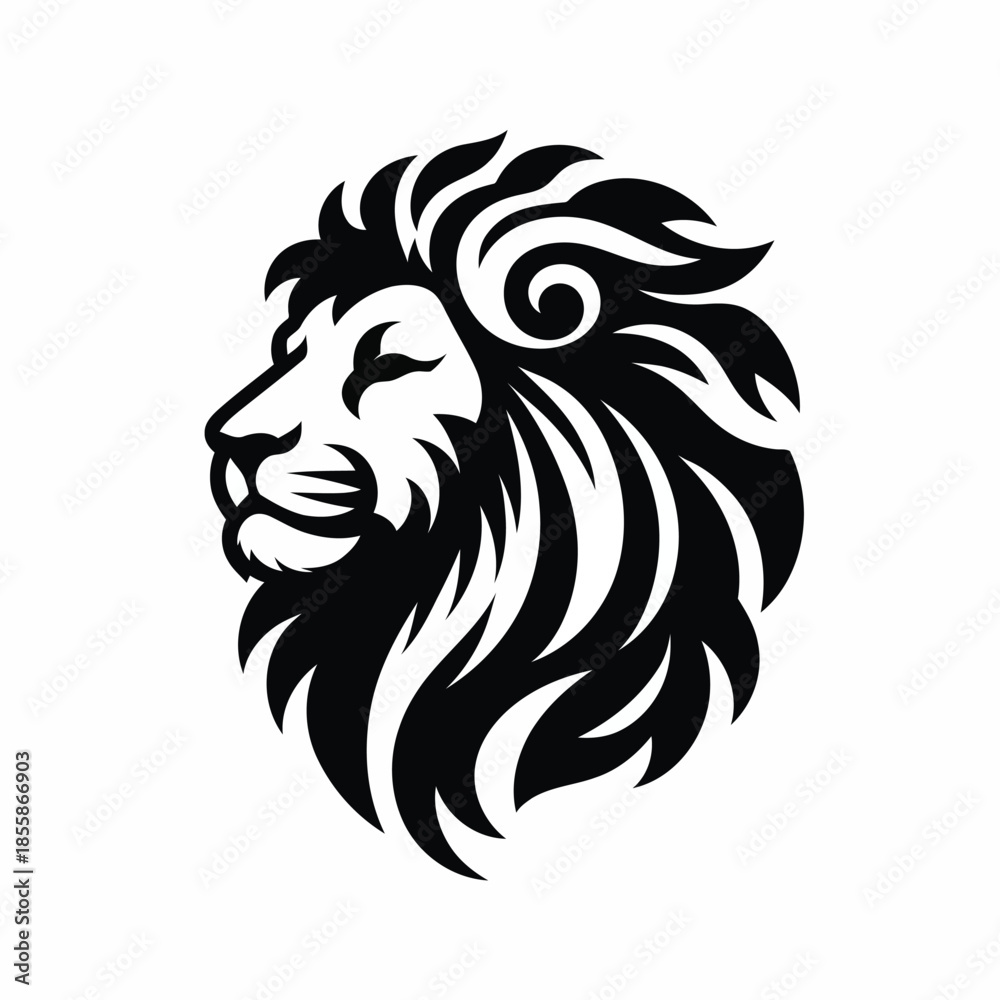 Fototapeta premium Black and white lion head with flowing mane on white background vector