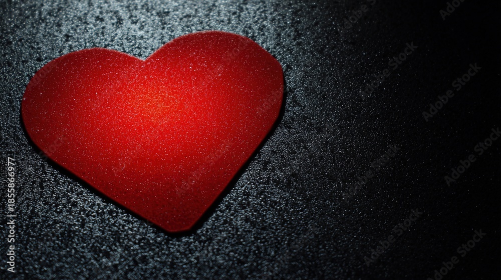 Obraz premium adoration. A red heart symbol stands out against a textured black background with a warm glow. wellbeing guides, coaching materials, designed for coaching and self-improvement content.