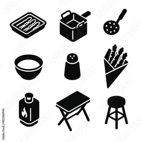 Black cooking icons: fryer, bacon, bowl, salt shaker, stool, table, bottle, ladle