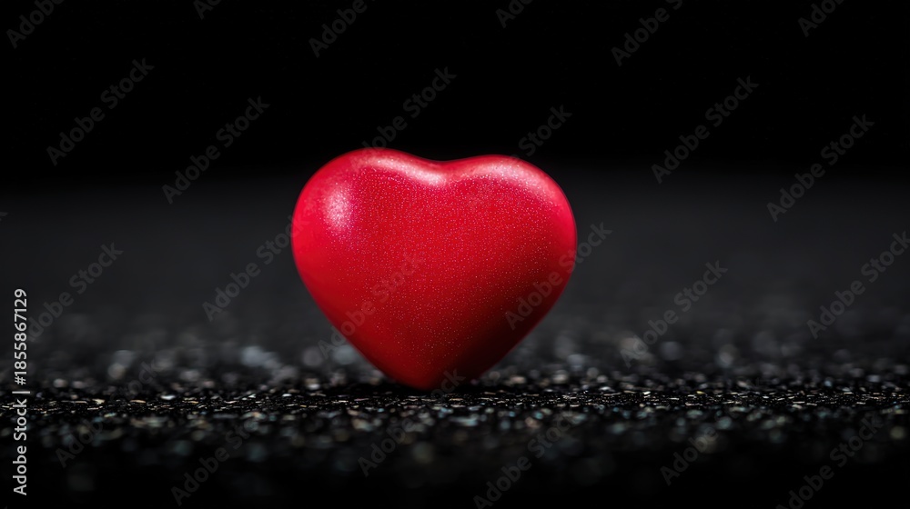 Fototapeta premium adoration. A red heart symbol stands out against a textured black background with a warm glow. wellbeing guides, coaching materials, designed for coaching and self-improvement content.
