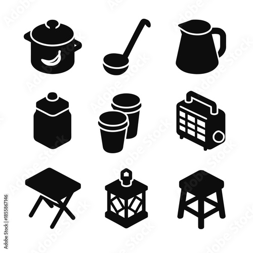 Set of black kitchen and home utensil icons including pot, kettle, and lantern