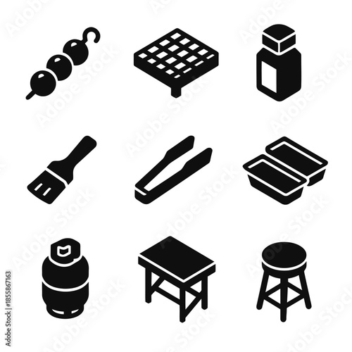 Bbq essentials icons: grill, skewer, sauce bottle, brush, tongs, gas tank, table, stool