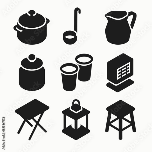 Silhouette icons of kitchen utensils and furniture items in black
