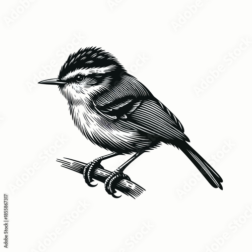 Black and white illustration of a small bird perched on a branch vector