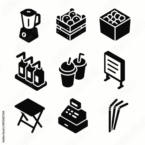 Monochrome icons: blender, fruit crate, ice cube tray, juices, smoothies, sign, table, cash register, skis