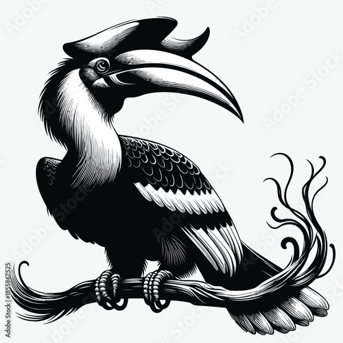 Black and white illustration of a hornbill perched on a branch vector