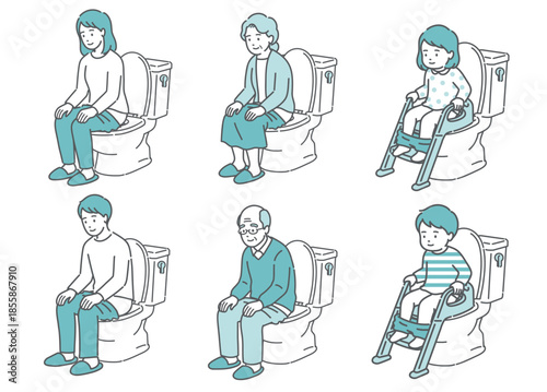 トイレに座る人々のイラストセット（全世代・男女・子供・快便・リラックス）