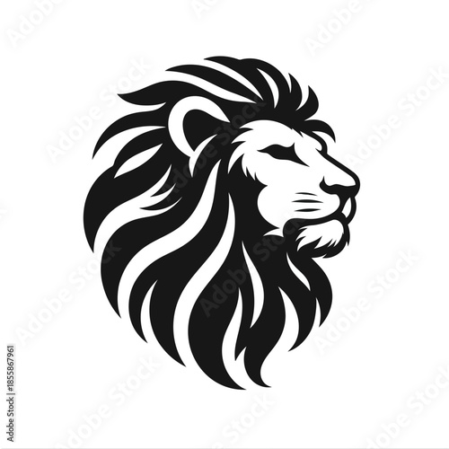 Black and white lion head with long mane on white background vector