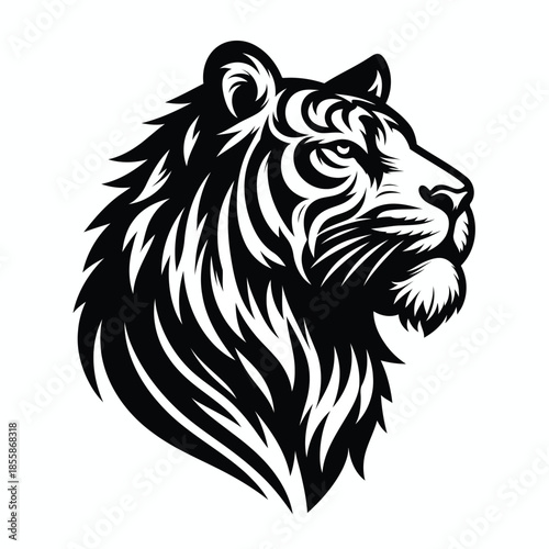 Black and white lion head illustration on white background vector
