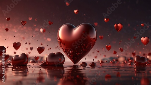 Red heart shaped confetti and a romantic vector illustration create a love themed celebration backdrop for a Valentine's Day card design on a white holiday wallpaper