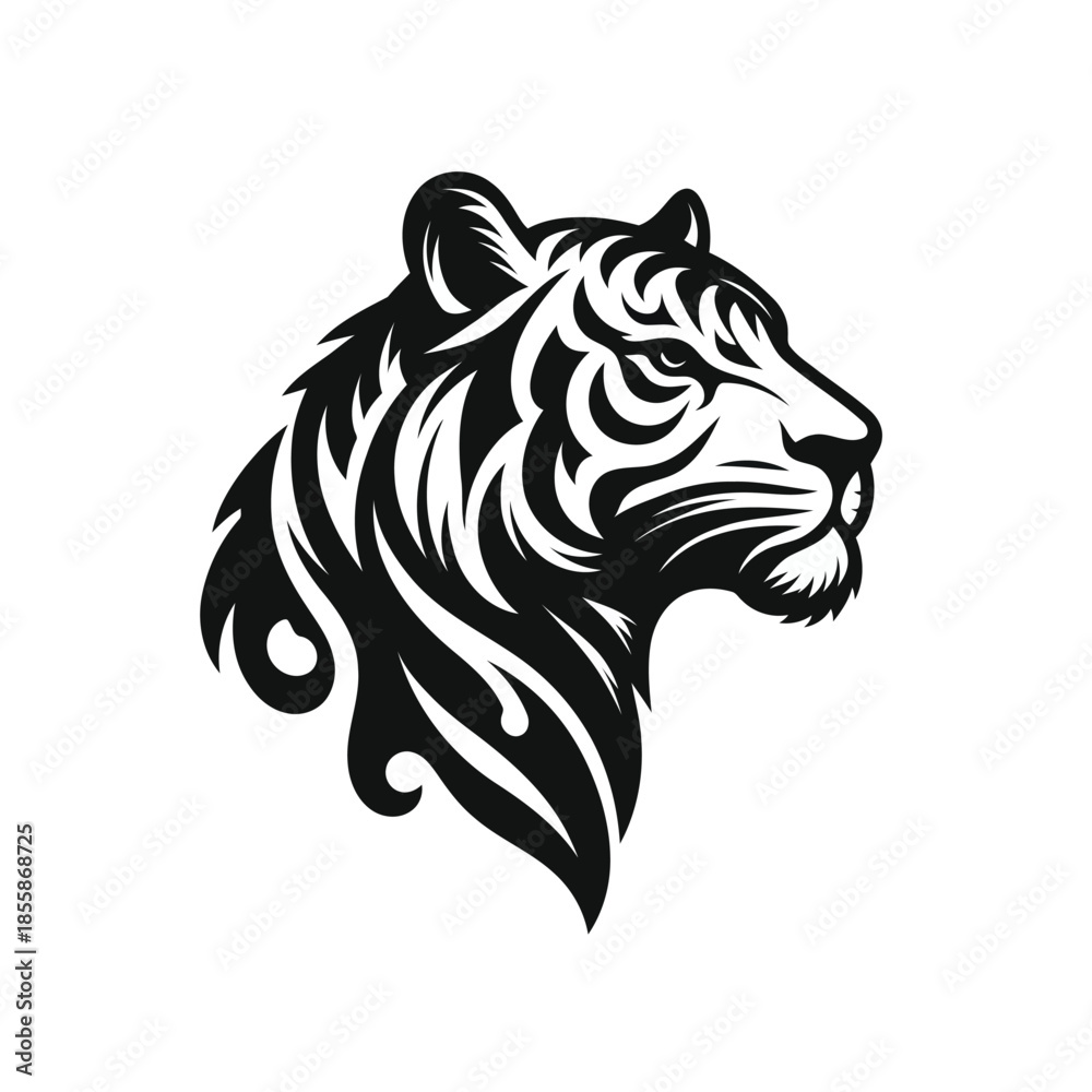 Fototapeta premium Black and white tiger head with swirling mane on white background vector