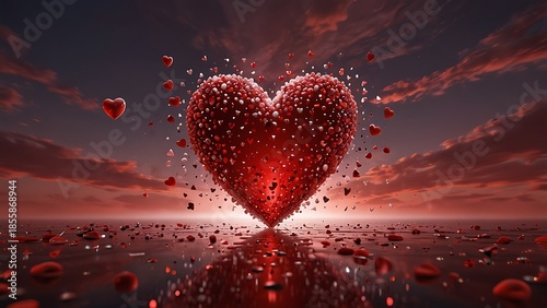 A vibrant red heart-shaped cloud floats gracefully against a clear blue sky to symbolize love and hope