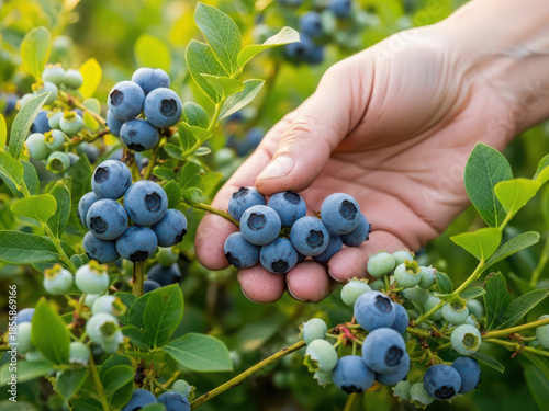 Hand picking fresh blueberries from bush