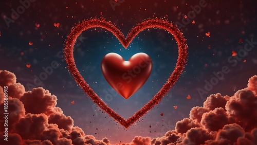 A romantic Valentine's Day vector illustration featuring a red heart of fire and a glowing pink heart shape in the night sky as a passionate symbol of love for a holiday celebration wallpaper