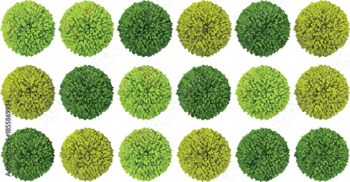 Set of Consistent Round Top View Green Bushes and Shrubs for Architectural Landscape Plans, Stylized Maps, and Vegetation Design Assets