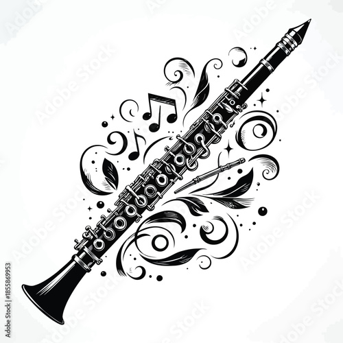 Black and white illustration of a clarinet with musical notes and swirling designs on white background vector