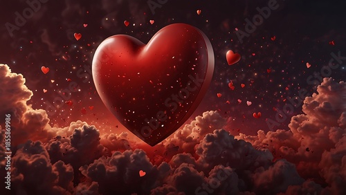 A vibrant red heart shape glows as a romantic symbol of love and celebration in this artistic Valentine illustration, set against a dark sky wallpaper for a holiday greeting card design