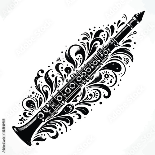 Black and white illustration of a clarinet with floral design on white background vector