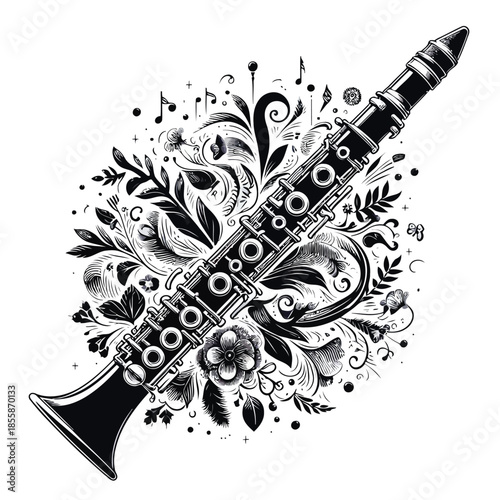 Black and white illustration of a clarinet with floral and musical elements on white background vector