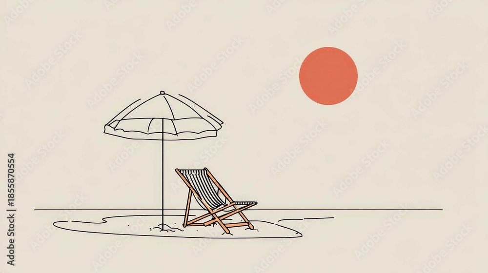 Fototapeta premium Minimalist tropical beach illustration with lounge chair under striped umbrella at sunset