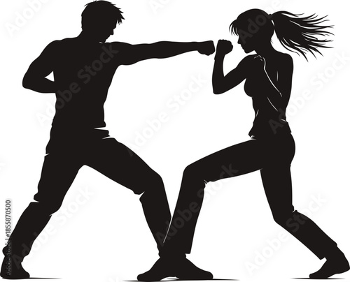 Dynamic Combat: A silhouette of determined figures engages in a martial arts demonstration, their bodies poised in powerful stances, showcasing the intensity and skill of a martial art