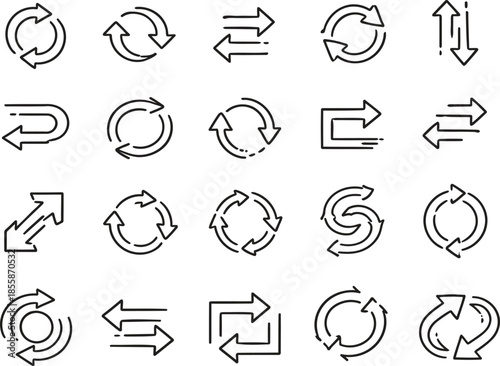 Diverse Arrow Icon Set: A comprehensive collection of various arrow icons, illustrating direction, transitions, and loops, ready for seamless integration into various designs.