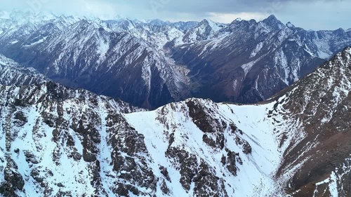 Snowy Mountain Ridge Over Glacial Valley Kyrgyzstan Drone View