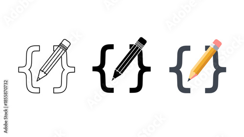 Pencil icon set with code brackets Vector