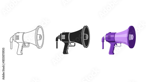 Set of three megaphones in different colors and styles Vector