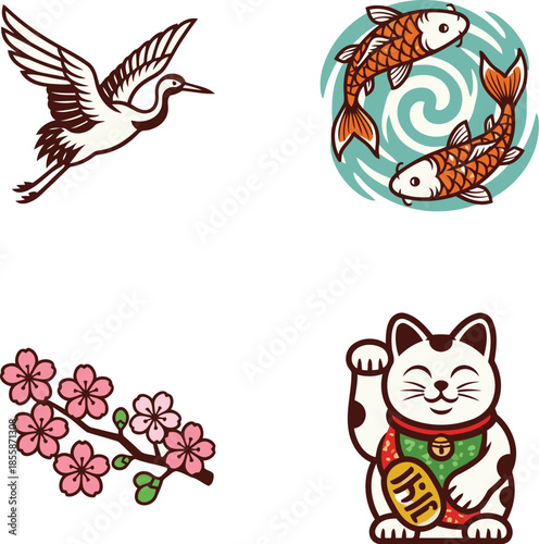 A charming collection of iconic Japanese symbols featuring a crane cherry blossoms koi fish and Maneki Neko