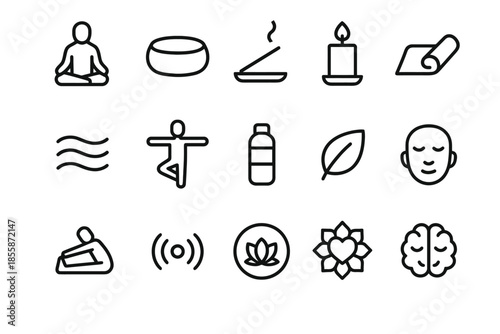 Minimalistic wellness icons: yoga, meditation, relaxation, and mindfulness symbols