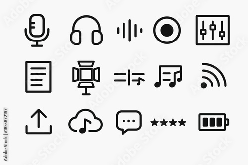Audio and music icon set featuring microphone headphones and sound wave symbols