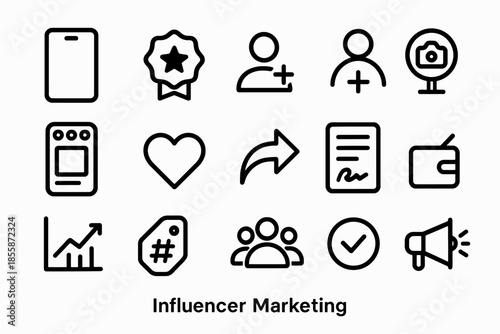 Influencer marketing icons: phone, badge, followers, profile, camera, chart