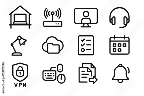 Outline icons of technology and office essentials