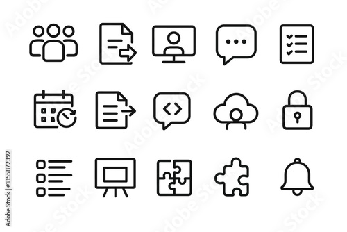 Simple icon set: communication, security, document, and puzzle symbols