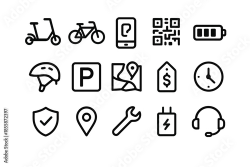 Transportation and technology icons: scooter, bicycle, smartphone, qr code, and more