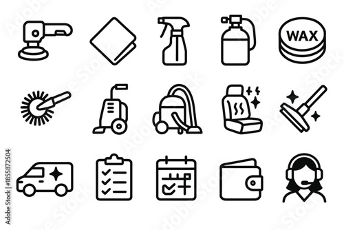 Car cleaning icons set: tools and equipment for professional vehicle detailing