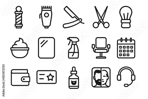 Barber shop icons: tools and accessories for haircut and grooming