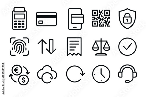 Financial and payment icons including card, qr code, security symbols, and more