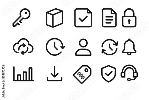 Set of minimalistic interface icons: key, lock, synchronization, and more