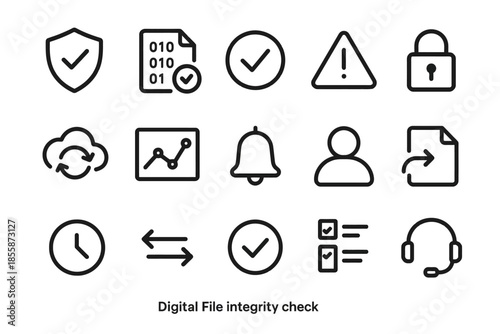Digital file integrity check icons: security, data, alert, and communication symbols
