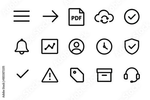 Minimalist icon set: cloud, document, notifications, and security symbols