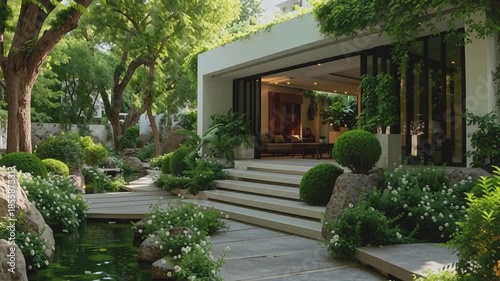 Serene Garden Escape: An expansive, meticulously landscaped garden, blending natural elements with modern architectural design, creating a tranquil oasis of peace and beauty.