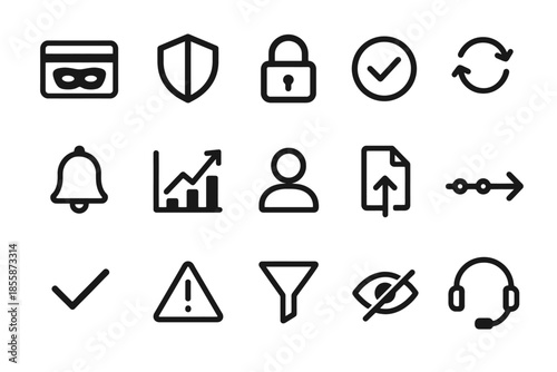 Minimalist icon set featuring security, data, and user interface elements