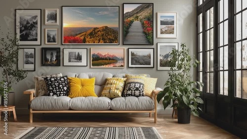 Home Decor Gallery: A stylish and inviting living space adorned with an eclectic collection of framed artworks, reflecting diverse landscapes and scenic views.