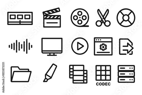 Video production and editing icon set with clapper, film reel, and codec
